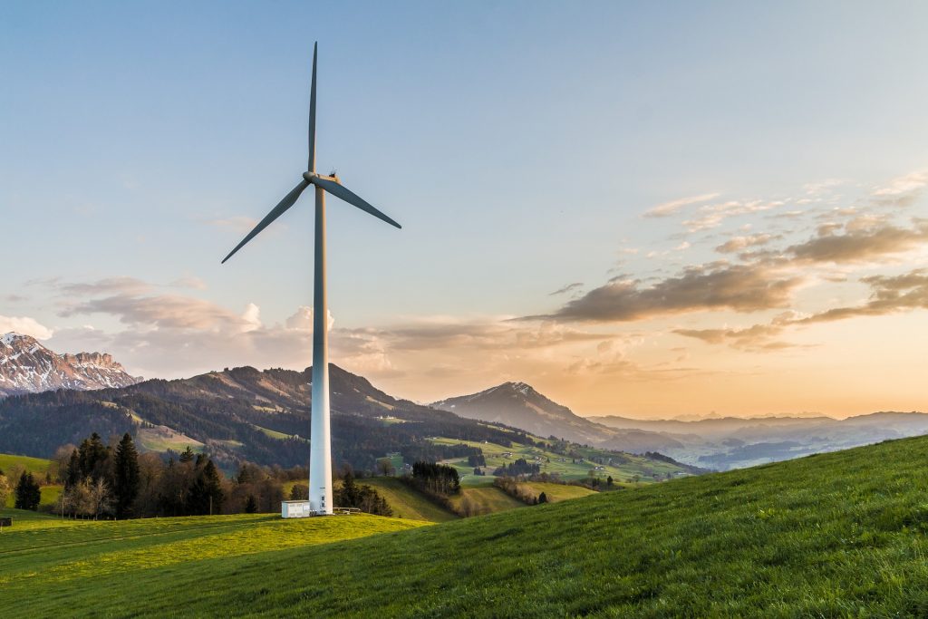 eolienne installée dans un champ près de la mer